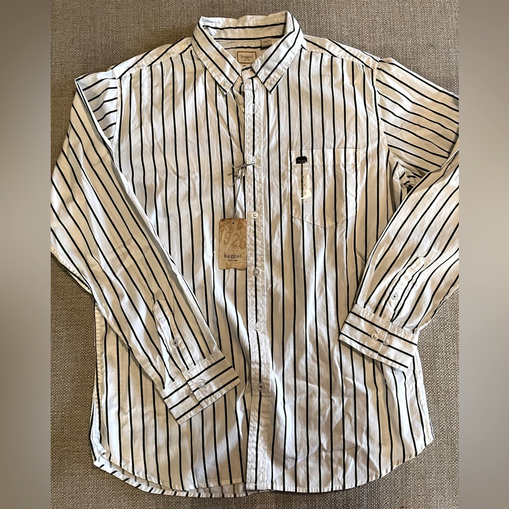Haggar Mens Black and Green Striped Slim Fit White Long Sleeve Button Down